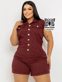 Macaquinho Jeans Sem Manga Com Botões Frontais Plus Size - Amma Plus