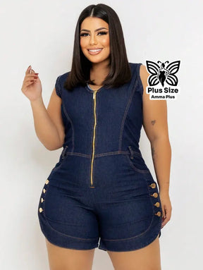 Macaquinho Jeans Sem Manga Com Zíper E Botões Laterais Plus Size - Amma Plus