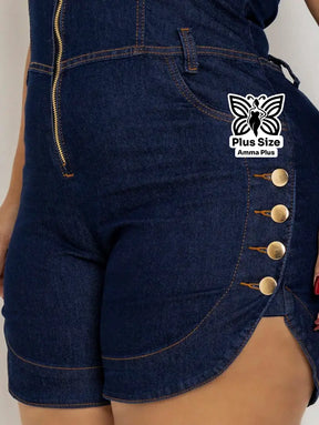 Macaquinho Jeans Sem Manga Com Zíper E Botões Laterais Plus Size - Amma Plus