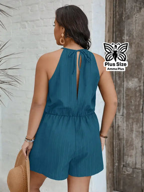 Macaquinho Regata Plissado Com Amarração Na Cintura Plus Size - Amma Plus