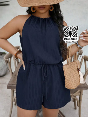 Macaquinho Regata Plissado Com Amarração Na Cintura Plus Size - Amma Plus