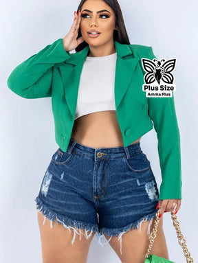Short Jeans Azul Claro Com Cintura Alta Barra Desfiada Plus Size - Amma Plus