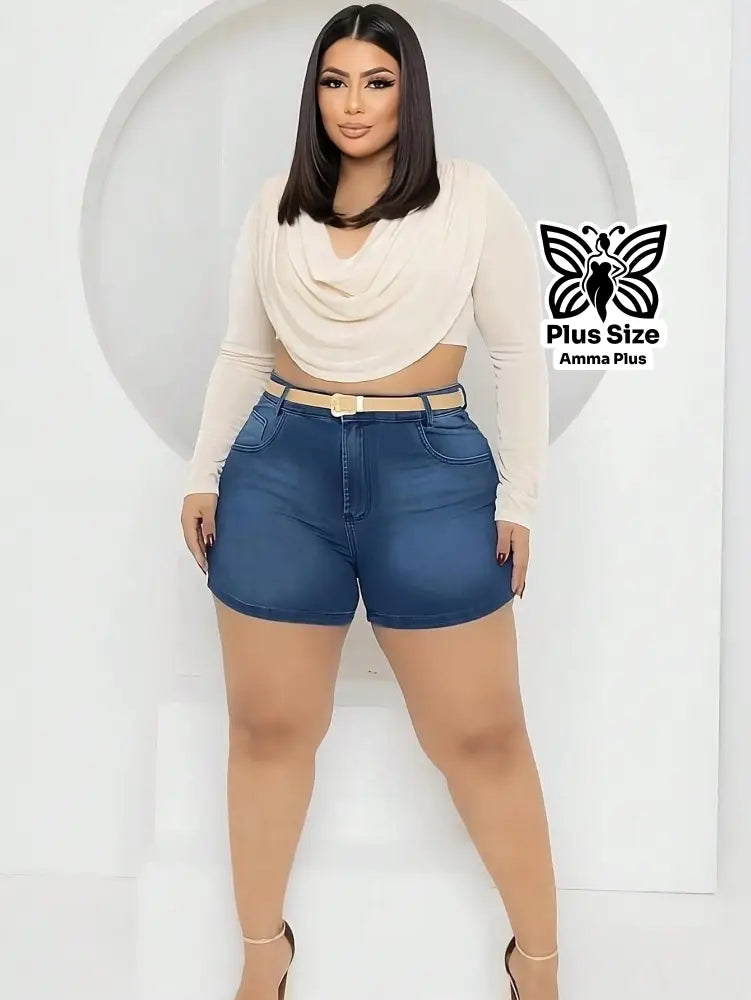 Short Jeans Azul Claro Com Cintura Alta Com Cinto Plus Size - Amma Plus