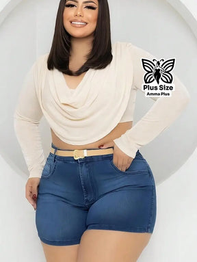 Short Jeans Azul Claro Com Cintura Alta Com Cinto Plus Size - Amma Plus