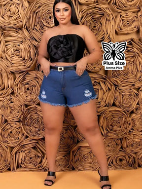 Short Jeans Barra Desfiada Com Cinto Preto Plus Size - Amma Plus