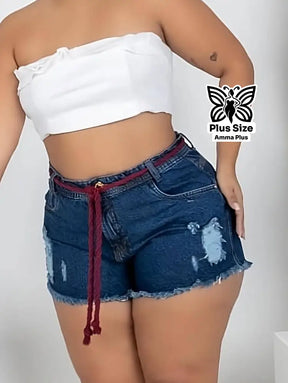 Short Jeans Barra Desfiada Com Cordão Plus Size - Amma Plus