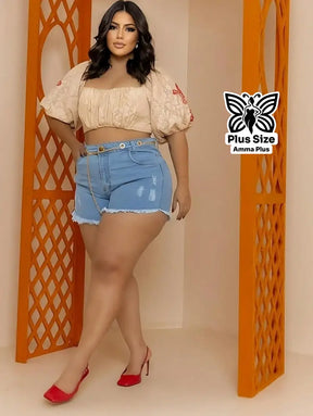 Short Jeans Barra Desfiada Com Corrente Plus Size - Amma Plus