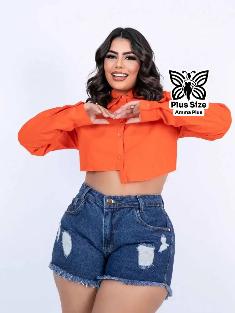Short Jeans Cintura Alta Barra Desfiada Plus Size