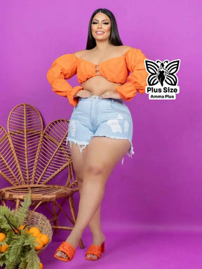 Short Jeans Cintura Alta Barra Desfiada Plus Size