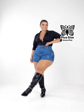 Short Jeans Cintura Alta Barra Dobrada Plus Size - Amma Plus