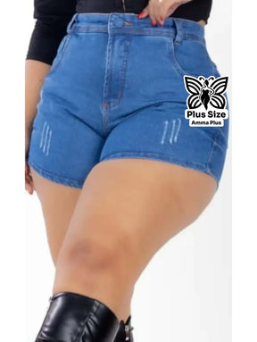 Short Jeans Cintura Alta Barra Dobrada Plus Size - Amma Plus