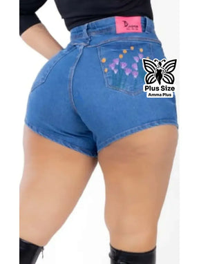 Short Jeans Cintura Alta Barra Dobrada Plus Size - Amma Plus