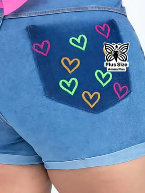 Short Jeans Cintura Alta Bordado Com Lycra Plus Size - Amma Plus
