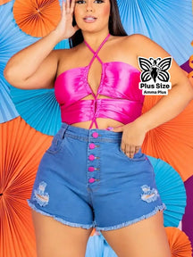 Short Jeans Cintura Alta Botões Frontais Plus Size - Amma Plus