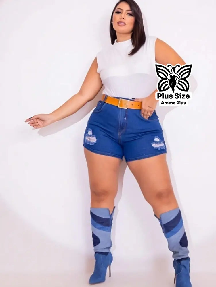 Short Jeans Cintura Alta Com Cinto Plus Size - Amma Plus