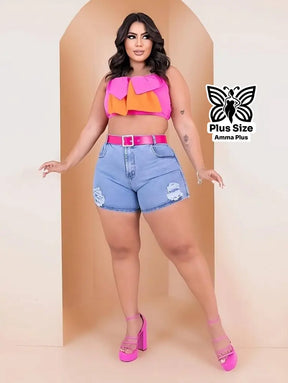 Short Jeans Cintura Alta Com Cinto Rosa Plus Size - Amma Plus