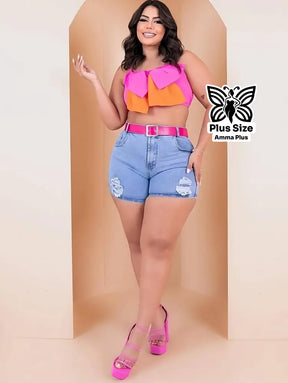 Short Jeans Cintura Alta Com Cinto Rosa Plus Size - Amma Plus