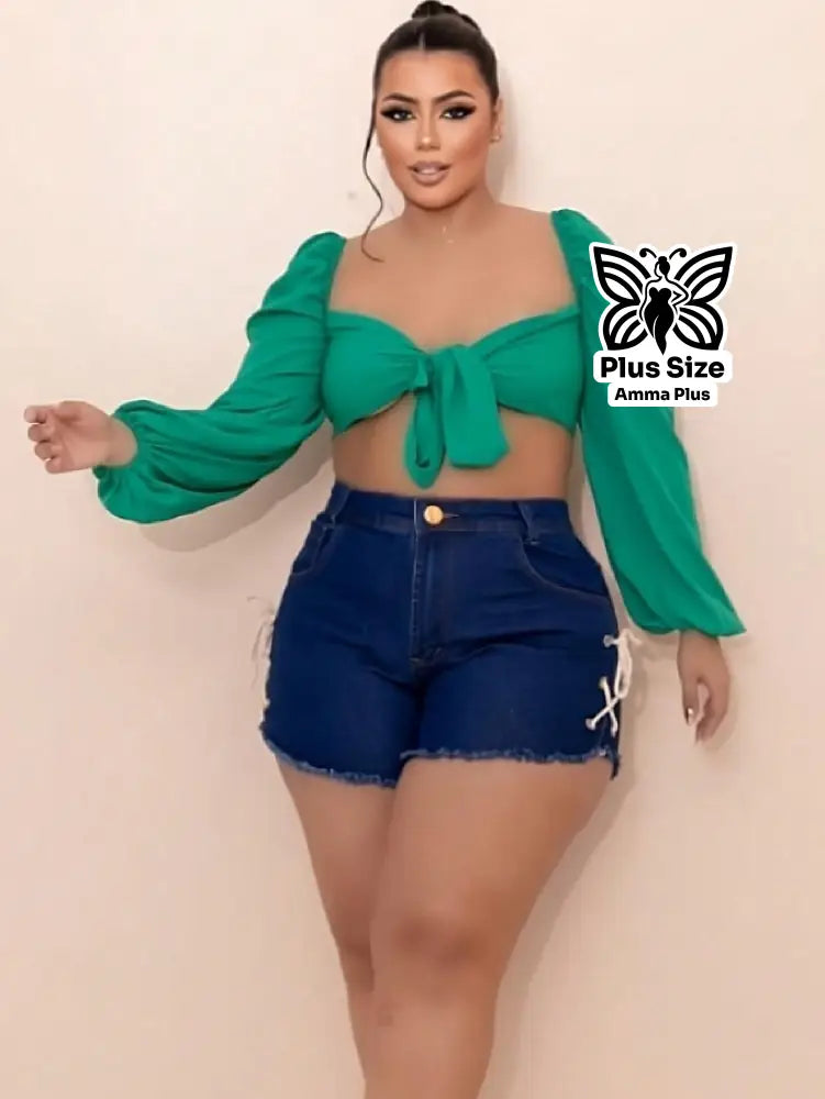 Short Jeans Cintura Alta Com Cordões Laterais Plus Size - Amma Plus