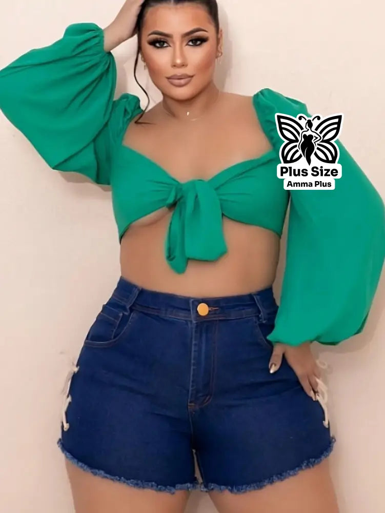 Short Jeans Cintura Alta Com Cordões Laterais Plus Size - Amma Plus