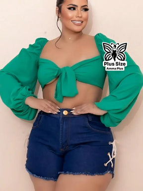 Short Jeans Cintura Alta Com Cordões Laterais Plus Size - Amma Plus