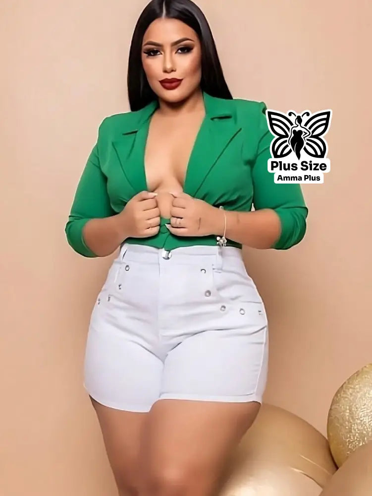 Short Jeans Cintura Alta Com Detalhes Plus Size - Amma Plus