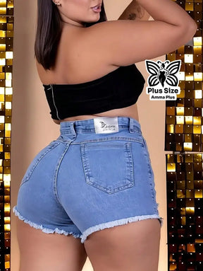 Short Jeans Cintura Alta Pedraria Desfiado Plus Size - Amma Plus