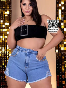 Short Jeans Cintura Alta Pedraria Desfiado Plus Size - Amma Plus