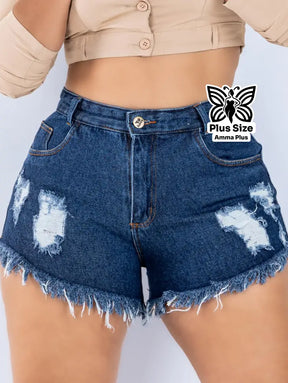 Short Jeans Destroyed Azul Botão Dourado Cintura Alta Barra Desfiada Plus Size - Amma Plus
