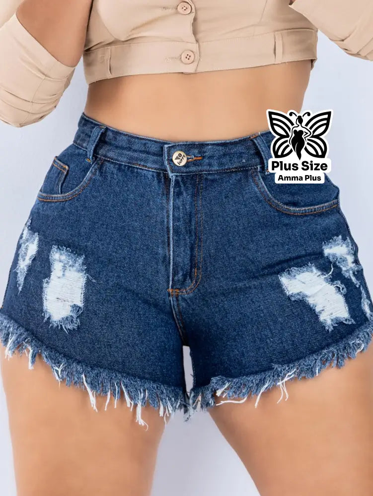 Short Jeans Destroyed Azul Botão Dourado Cintura Alta Barra Desfiada Plus Size - Amma Plus