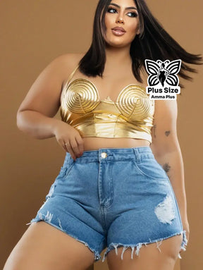 Short Jeans Destroyed Azul Claro Cintura Alta Barra Desfiada Plus Size - Amma Plus