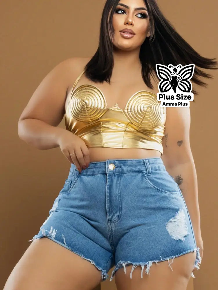 Short Jeans Destroyed Azul Claro Cintura Alta Barra Desfiada Plus Size - Amma Plus