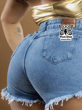 Short Jeans Destroyed Azul Claro Cintura Alta Barra Desfiada Plus Size - Amma Plus