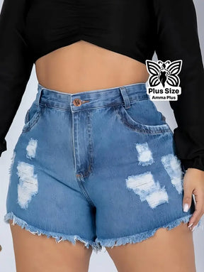 Short Jeans Destroyed Cintura Alta Barra Desfiada Plus Size - Amma Plus