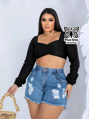 Short Jeans Destroyed Cintura Alta Barra Desfiada Plus Size - Amma Plus