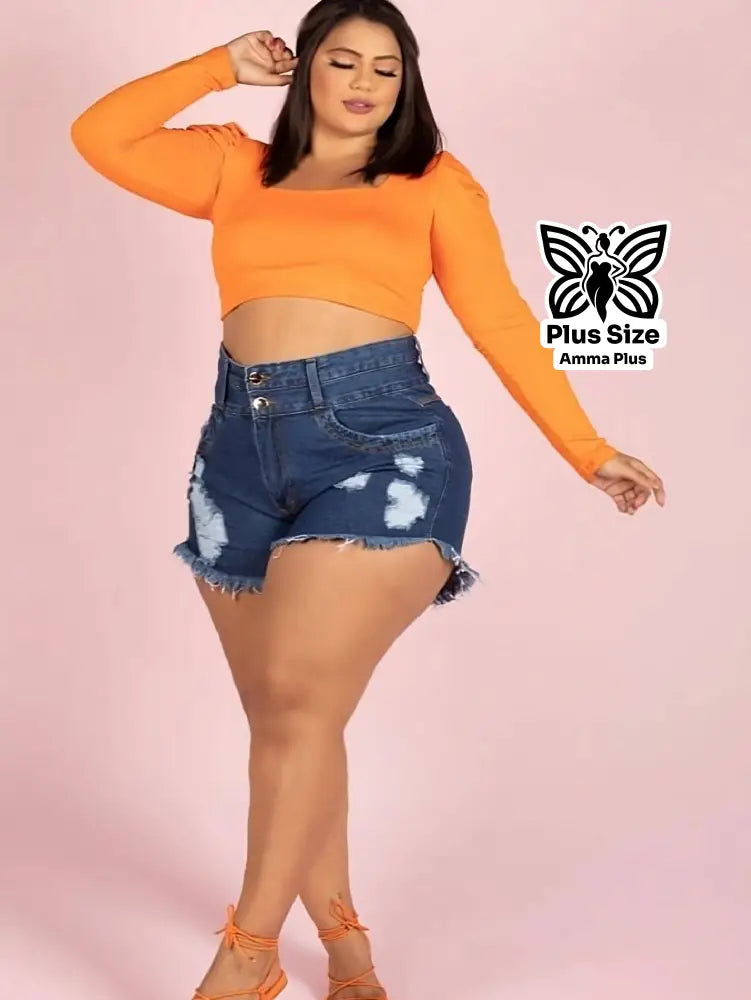Short Jeans Escuro Com Cintura Alta Barra Desfiada Plus Size - Amma Plus