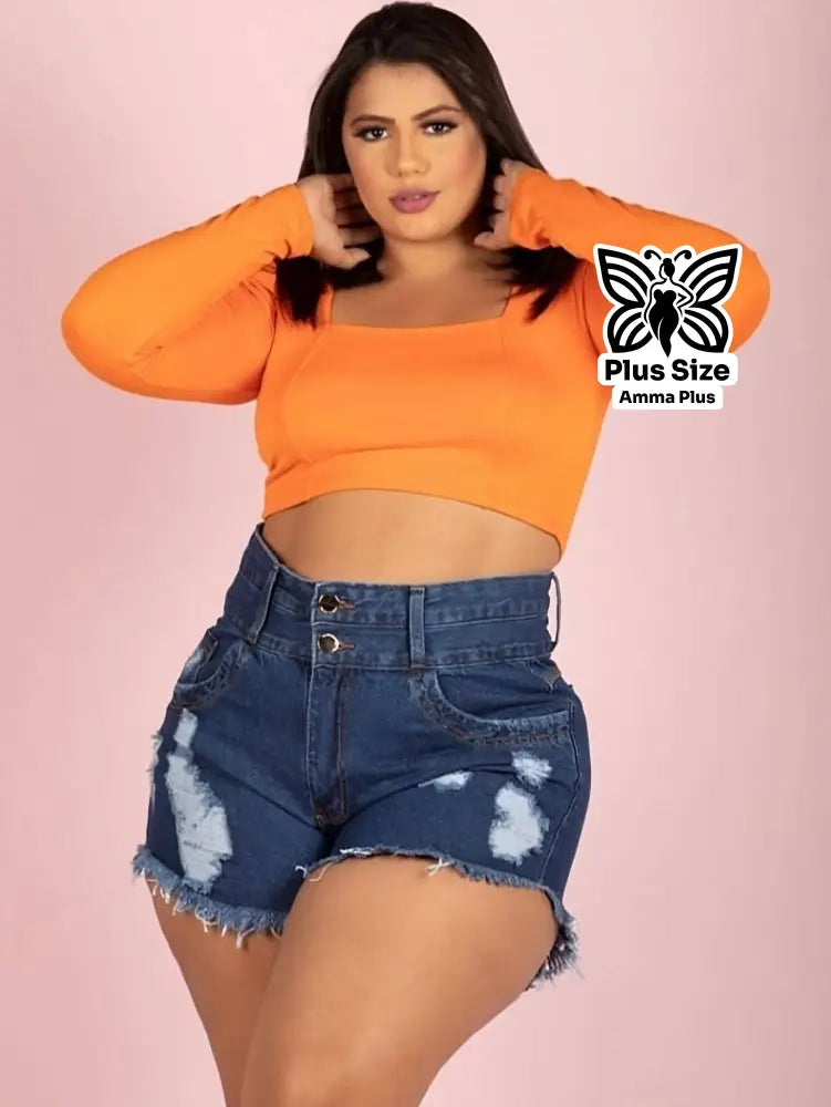 Short Jeans Escuro Com Cintura Alta Barra Desfiada Plus Size - Amma Plus