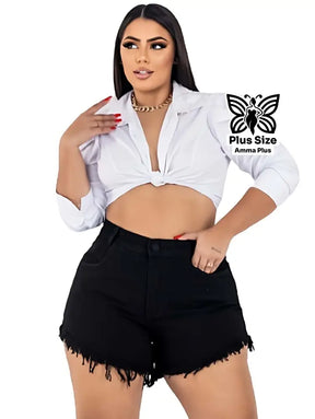 Short Jeans Moderno Preto Com Cintura Alta Barra Desfiada Plus Size - Amma Plus
