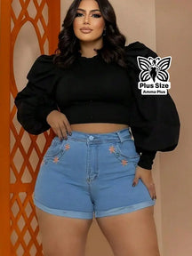 Short Jeans Plus Size Cintura Alta Com Bordado Florais - Amma Plus