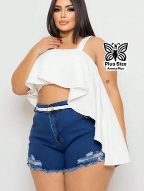 Short Jeans Plus Size Cintura Alta Desfiado Com Cinto - Amma Plus