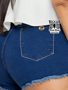 Short Jeans Plus Size Cintura Alta Desfiado Com Cinto - Amma Plus
