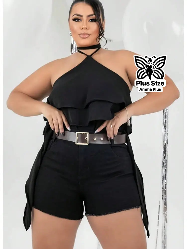 Short Jeans Preto Com Cintura Alta Com Cinto Plus Size - Amma Plus