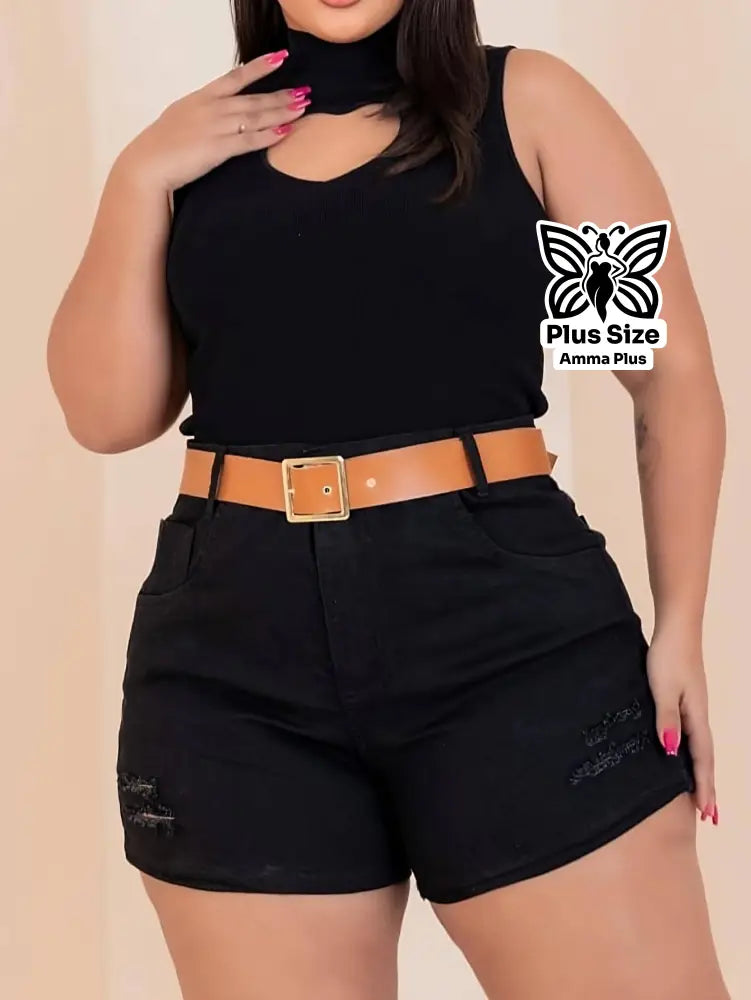 Short Jeans Preto Desfiado Com Cintura Alta Com Cinto Plus Size - Amma Plus