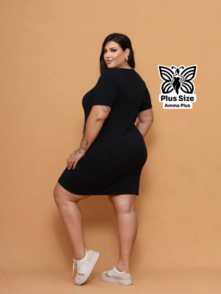 Vestido Curto Canelado Com Manga Curta Plus Size