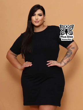 Vestido Curto Canelado Com Manga Curta Plus Size