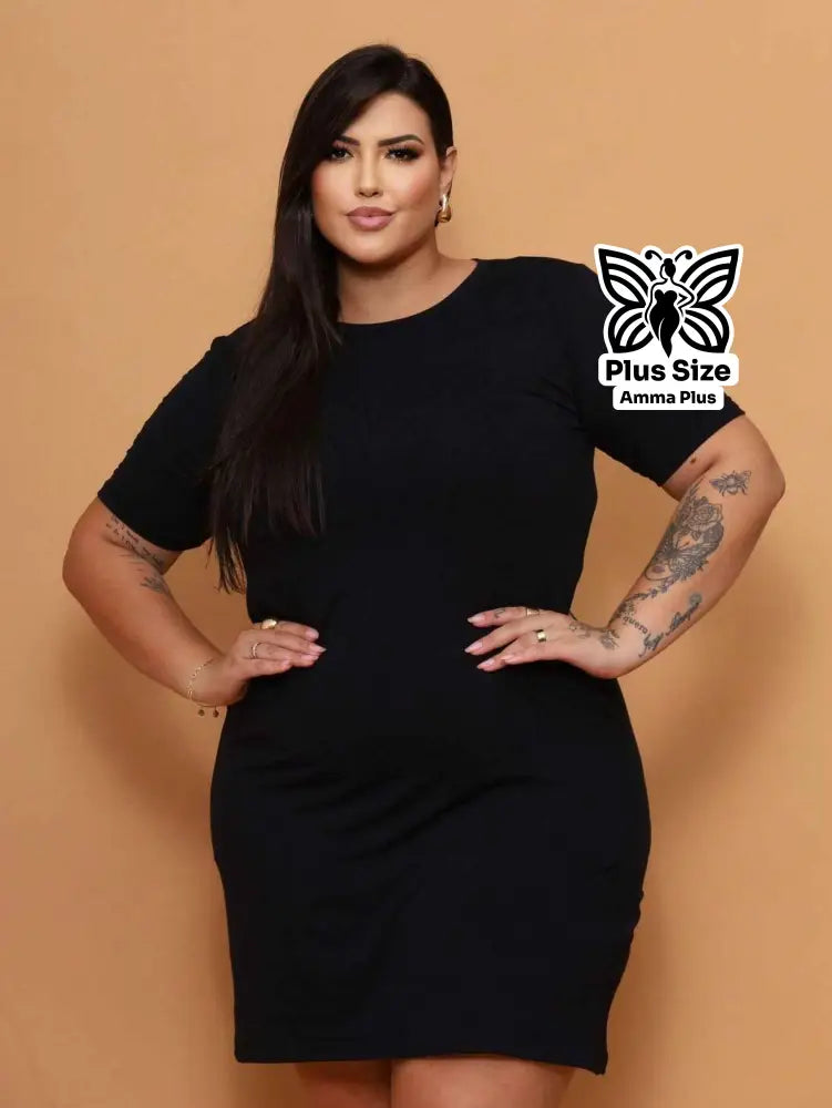 Vestido Curto Canelado Com Manga Curta Plus Size
