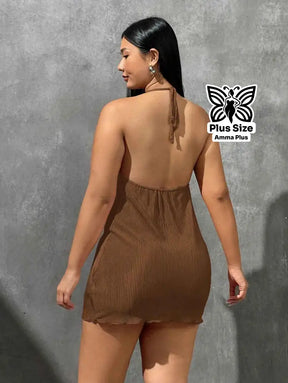 Vestido Curto Canelado Halter Neck Sem Manga Plus Size