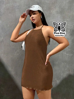 Vestido Curto Canelado Halter Neck Sem Manga Plus Size