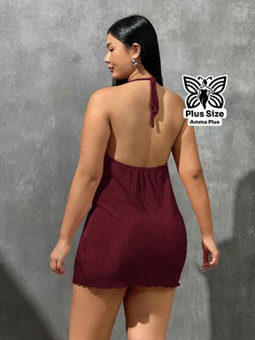 Vestido Curto Canelado Halter Neck Sem Manga Plus Size