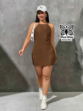 Vestido Curto Canelado Halter Neck Sem Manga Plus Size
