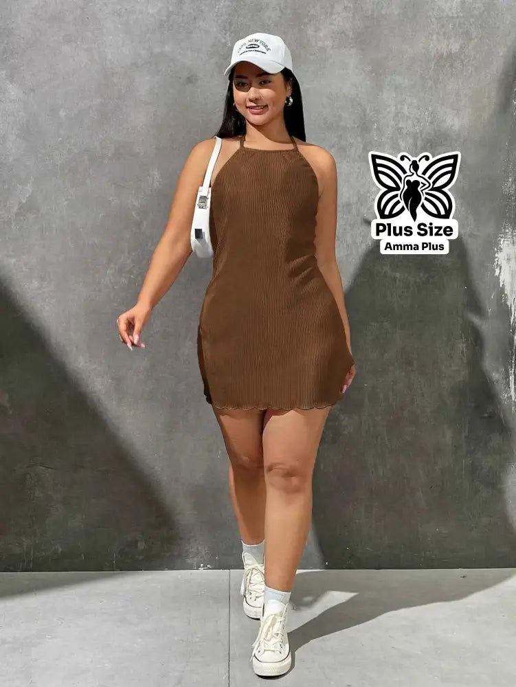 Vestido Curto Canelado Halter Neck Sem Manga Plus Size